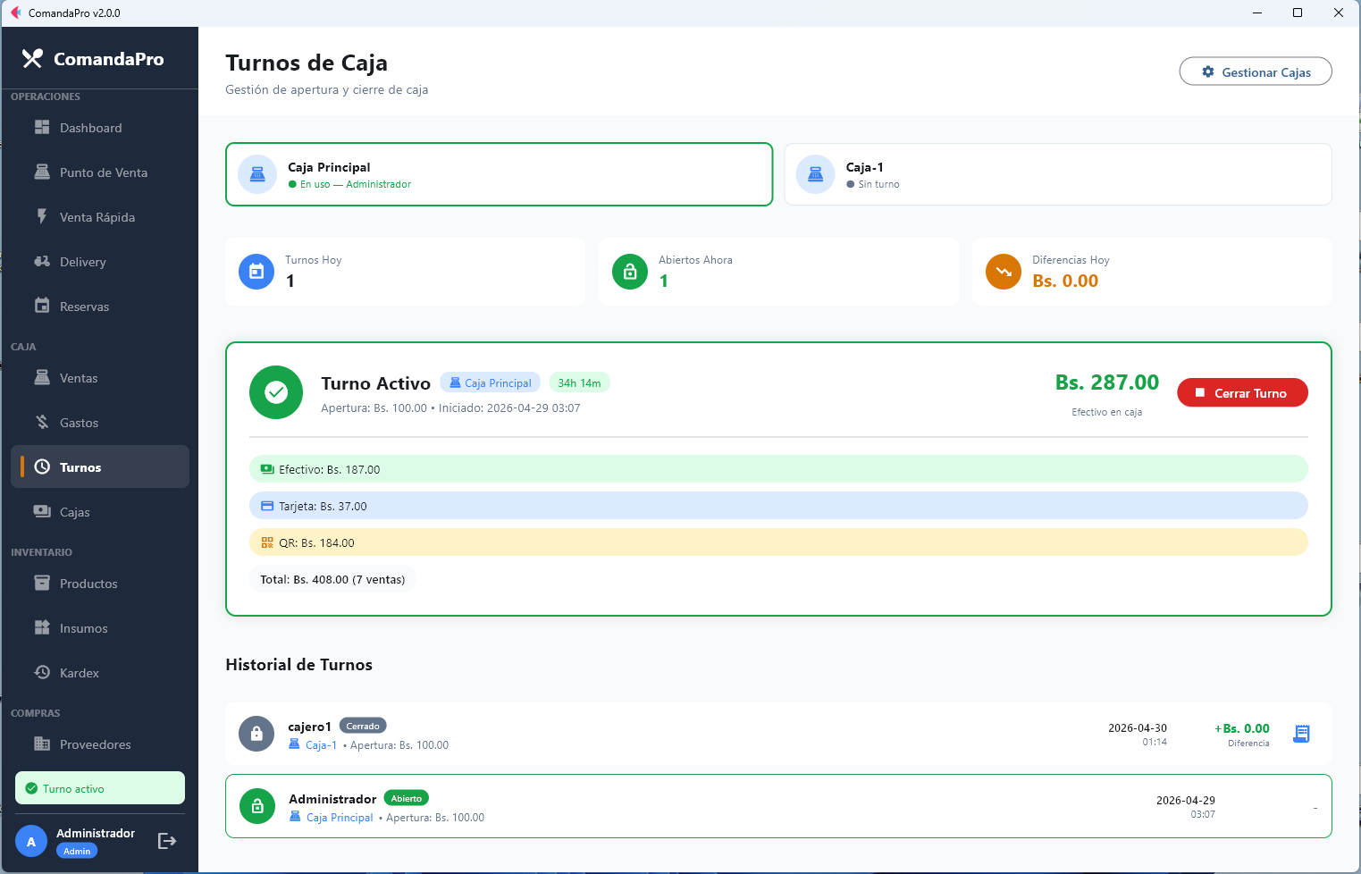 Gestión de turnos y corte de caja